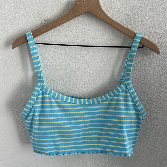 Volcom Stripped Cropped Bikini Top Festival Ditsy Ruffle Tank Style Shelf Bra L - Picture 1 of 6